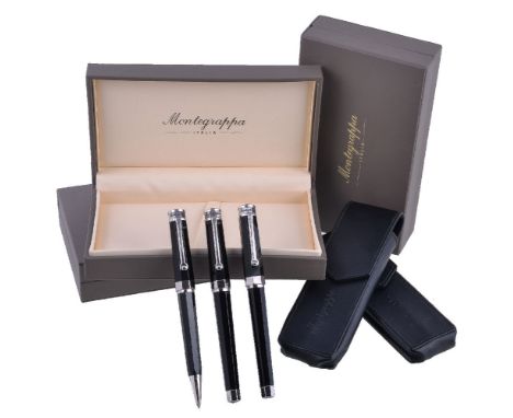 Montegrappa, Neriuno, a black fountain pen, rollerball pen and propelling pencil, the fountain pen with stainless steel clip 