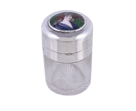 An Art Nouveau silver, enamel and glass smelling salts bottle by Thomas Latham & Ernest Morton, Birmingham 1901, the cover en