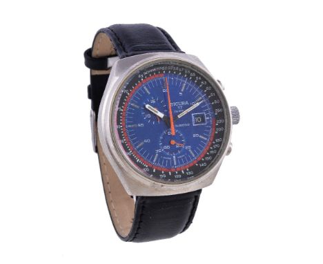 Sicura, a stainless steel wristwatch, circa 1970, manual wind chronograph movement, 17 jewels, cal. 8420, blue dial, luminous