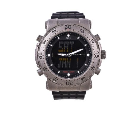 5.11 Tactical, a titanium wristwatch, Chinese quartz movement, black digital dial, luminous baton and dot markers, luminous b