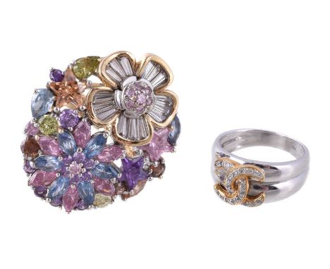 A dress ring, designed as a foliate panel set with vari cut synthetic gemstones, stamped 585, finger size O; and a diamond se