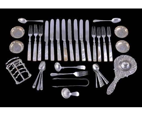 Y A collection of silver flatware, cutlery and other items, including: a four division toast rack by Atkin Bros., Sheffield 1