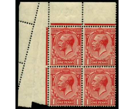 1924-26 1d scarlet top l/h corner marginal block of 4, misperforated in the margin due to a pre-printing crease (SG419var) hi