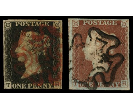 1840 1d black Plate 5: TH used by red MC, with matching 1d red-brown used by black MC, both with light creasing, former close