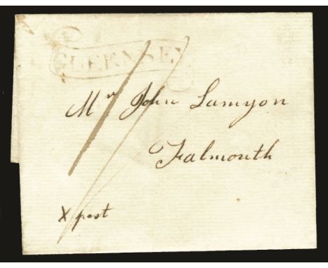 1811 Very fine wrapper from Guernsey to Falmouth, rated at "1s" bearing a very fine strike of the distinctive Guernsey scroll