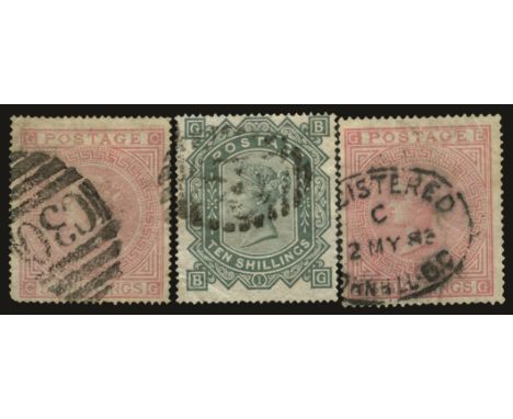 1867-83 Watermark Maltese cross:  5s pale rose plate 2 used by C30 of Valpariaso, 10s greenish grey used by light numeral can