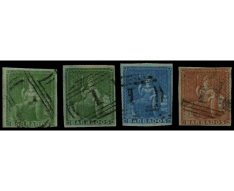 1852-55 paper blued, imperforate (½d) yellow-green, (½d) deep green, (1d) blue and (4d) brownish-red (SG 1/3, 5), (½d) deep g