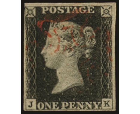 1840 1d black Plate 6: JK, close but clear at upper left with good to large margins elsewhere, used by part MC in red which l