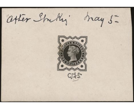 1886 "Jubilee" ½d Die proof printed in black on white glazed card (92 x 60mm) endorsed in manuscript "AFTER STRIKING", dated 