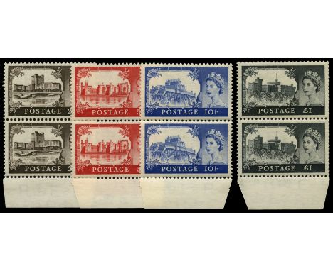 1958 'De la Rue' Castle set of 4, 2s 6d black-brown to £1 black (SG 536a/39a) in lower marginal vertical pairs, lower 10s a c