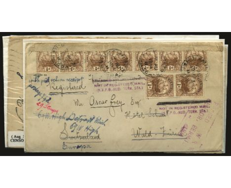 WWI four censored covers each with light  "PASSED/CENSOR, BERMUDA/1914' typeset in three lines, one only with initials 'W.R.W