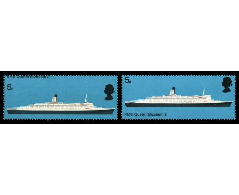 1969 British Ships 5d with large black shift downwards causing inscription to appear at top vice bottom left (SG 778var), off