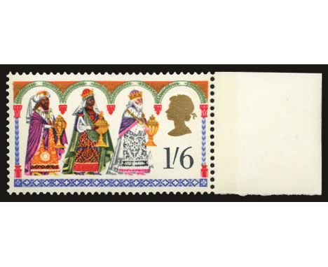 1969 Christmas 1s 6d, variety new blue omitted (SG 814e), with normal stamp for comparison, u/m