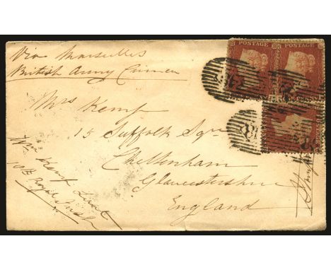1855 Cover from the Crimea to England via Marseille, franked by three 1855 1d red-brown (plate 200, wmk Small Crown, perf.16)