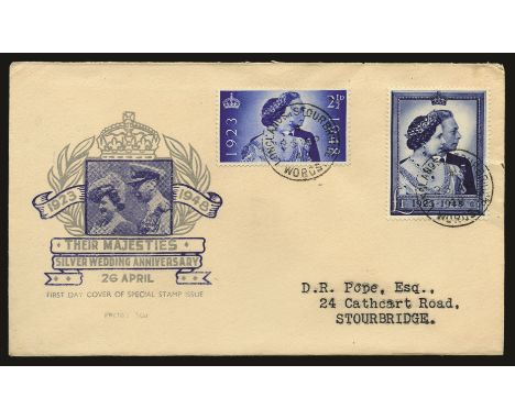 1948 Royal Silver Wedding set of 2 (SG 493/94) used on illustrated first day cover with Stourbridge cds, neatly opened at top