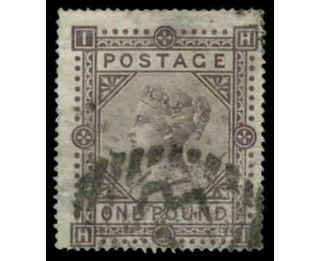 1867-83 £1 brown-lilac (SG 129), thinned at top and variously creased, used by part barred oval which leaves portrait partly 