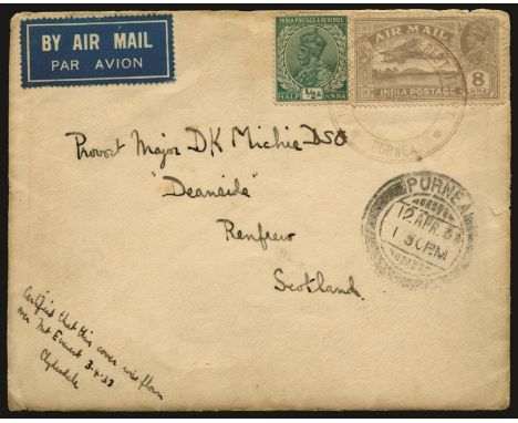 Mount Everest Flights: 1933 (3 Apr) Houston Expedition flown cover (with Raj Darbhanga logo on reverse) addressed to Scotland