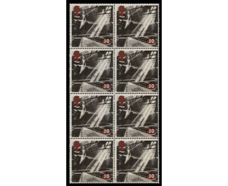 1994 Age of Steam Railway 30p block of 8 (2 x 4) with lake brown shift up causing white line below Queen's head and value (SG