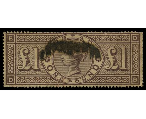 1884 Watermark crowns: £1 brown-lilac (SG 185), lettered  DB, several short perfs at top and right, surface scuffing at foot,