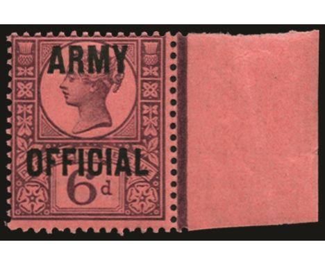 Army: 1896-1901 6d purple on rose red (SG O45) r/h marginal example just hinged in the margin only, fine u/m, cat £110