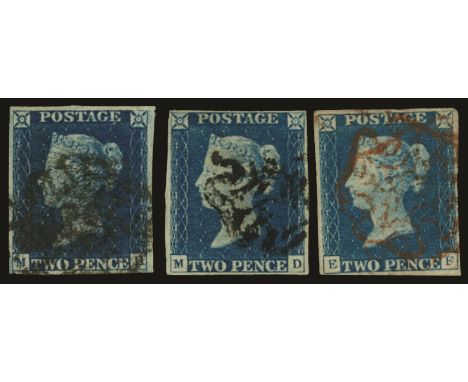 1840 2d plate 1: Three used examples including 'MH' in deep full blue, four good to large margins and sound but used by rathe