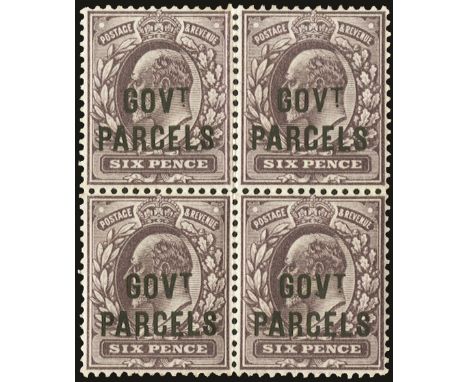 Officials: Government Parcels 1902 6d Pale dull purple block of four showing thin "VT" variety from position R.15/12 (SG O76/