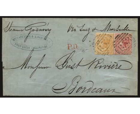 1874 January 9, outer letter sheet from Port Louis to Bordeaux, 'via Suez & Marseilles' per 'Steamer Godavery', 1s 4d rate pa