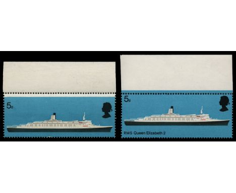 1969 British Ships 5d top marginal with large black shift downwards causing inscription omitted error at lower left (SG 778va