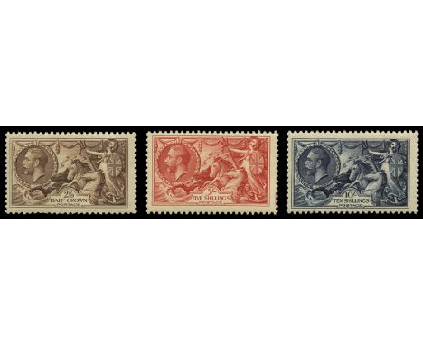 1934 Re-engraved Seahorses 2s 6d chocolate-brown to 10s indigo 're-engraved' (SG 450/52), typical centring and 2s 6d a couple