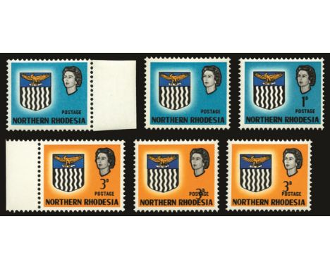 1963 1d light blue, value omitted error (2) plus 3d yellow, '3d' value downward shift (2)  (SG76a, 78var), offered with norma