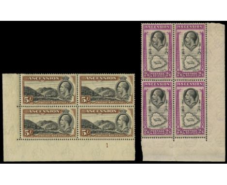1934 set of 10 to 5s black and brown (SG 21/34) in blocks of 4, all but ½d corner marginal and most (not ½d & 2s 6d) with pla