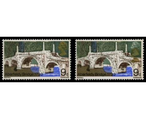 1968 British Bridges, 9d Aberfeldy Bridge (SG757a) spectacular 4mm vert shift of gold (Queen's head), with normal for compari