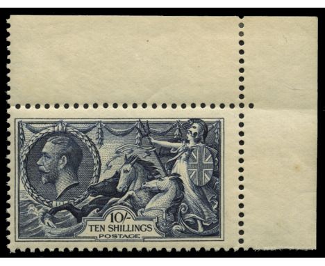 1934 Re-engraved Seahorses 10s indigo (SG 452), upper right corner marginal, small tone spot on gum which is not visible from