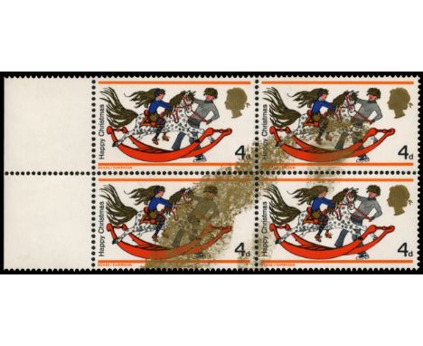 1968 Christmas 4d l/h marginal block of four with extensive gold 'splash' from Queen's head ink, affecting all stamps (SG 775
