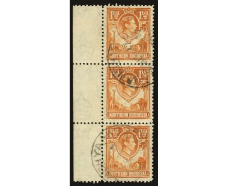 1938 1½d yellow-brown, l/h marginal, vertical strip of 3, the central stamp showing P1  R. 7/1 'Tick bid flaw' (SG30/30b), fi