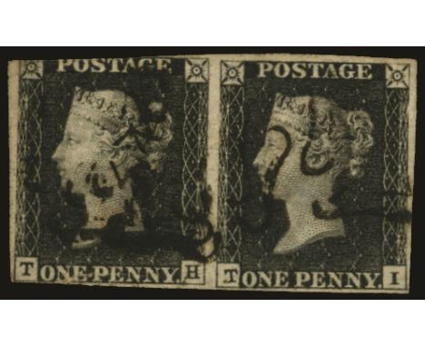1840 1d black Plate 6: Horizontal pair TH-TI, left stamp cut-into at top, with clear to large margins elsewhere, right stamp 