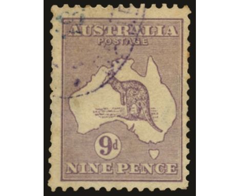 1915 9d violet 'Kangaroo' with inverted watermark (SG 27w), light toning and short perfs, used with part violet cancel, cat £