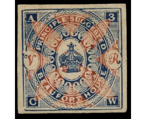 1839 Charles Whiting undenominated essay in red and blue with corner letters taken from sample sheet (as SG Spec page 7, Fig 