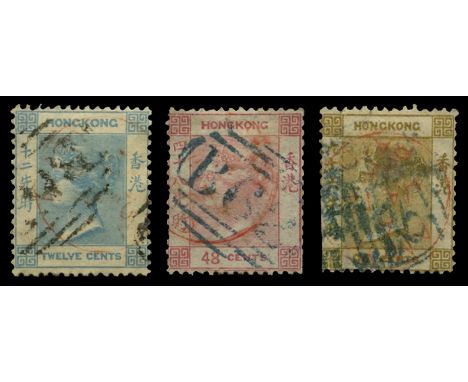 Hong Kong used in: Amoy, 1862-63 No watermark 12c pale greenish-blue & 48c rose plus 1863-71 crown CC 96c olive-bistre, each 