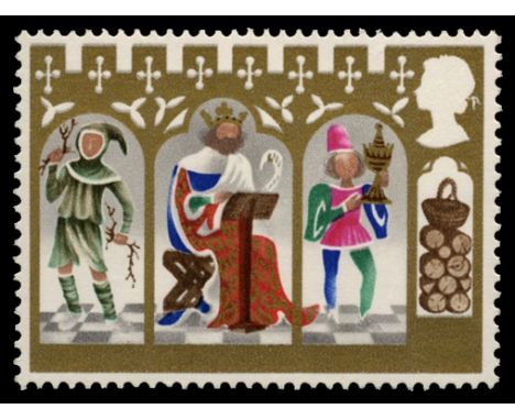 1973  Christmas 3½p variety grey-black (value, inscription etc) omitted (SG 948b), causing white stripe and value to appear a