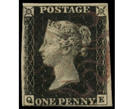 1840 1d black Plate 6: QE, close at foot and upper left with good  margins elsewhere, used by very light MC in red