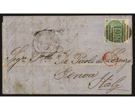 1865 January 12 entire from Manchester, franked 1862 1s green (plate 1=2), right hand wing margin example lettered KD, showin