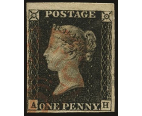 1840 1d black Plate 7: AH, very close but clear at lower left, large margins at foot and right and 2mm part sheet margin at t
