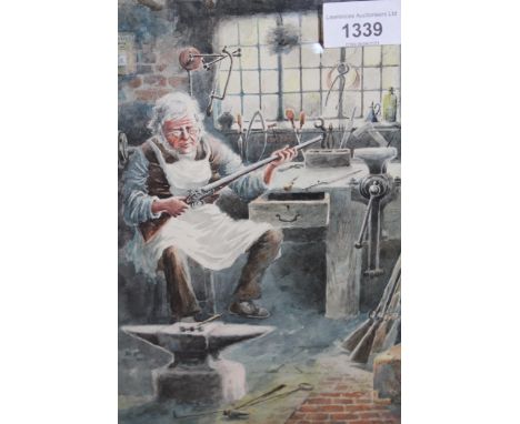 Late 19th / early 20th Century watercolour, titled ' The Old Gunsmith ' with seated figure in his work shop, gilt framed with