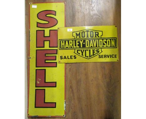 Enamel advertising sign for ' Harley-Davidson Motorcycles ', 28cms x 45cms together with another,' Shell ', 23cms x 48cms 