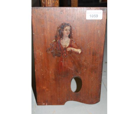 19th Century artist's palette board painted with portrait of a lady, together with a small oval print, portrait of a lady 
