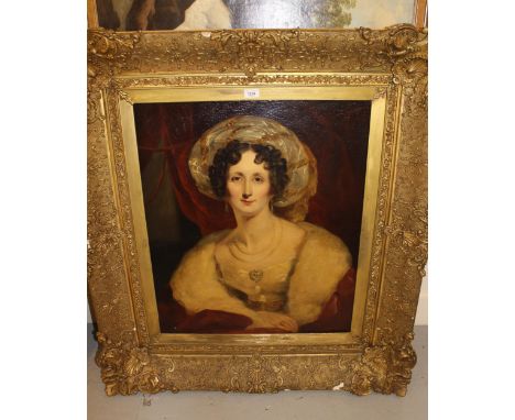 19th Century oil on canvas, head and shoulder portrait of a lady with double row pearl necklace, seated in an interior, (reli