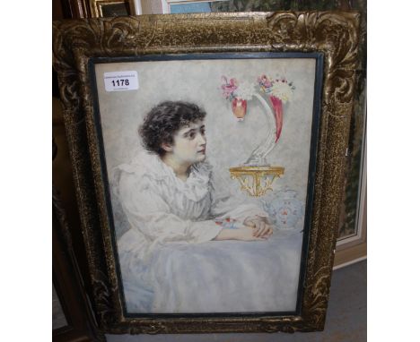 G. Brown, signed watercolour, portrait of a young lady at a table, dated 95 (1895), 35cms x 25cmsIs a watercolour, not a prin