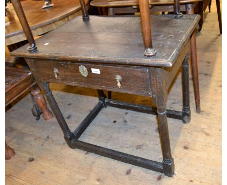 18th Century oak side table with a single drawer, on turned supports with stretchers (for restoration), together with a velve