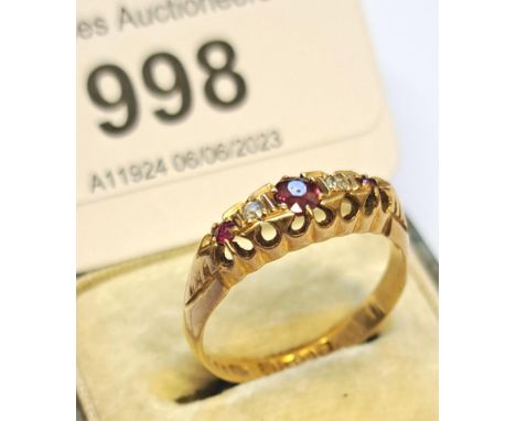 18ct Gold ruby and diamond five stone ring, size N, 3g 